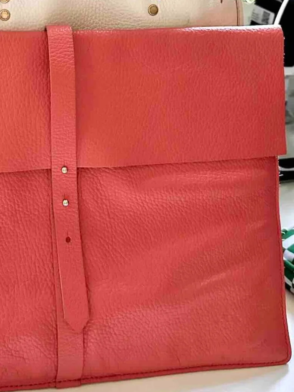 Beautiful CUYANA pebbled leather Laptop Document Flap Sleeve gold hardware Coral